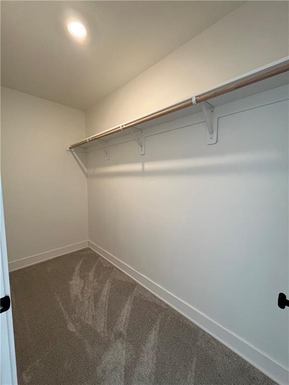 walk in closet with dark carpet