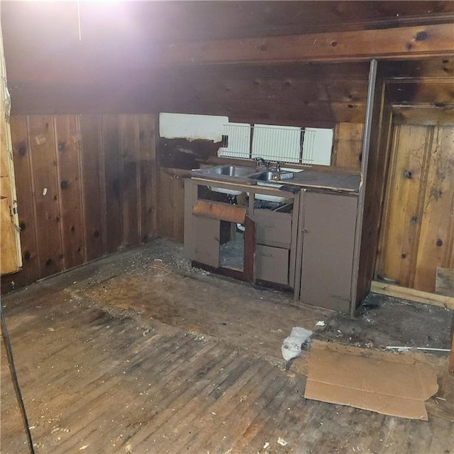 kitchen with wood walls and sink