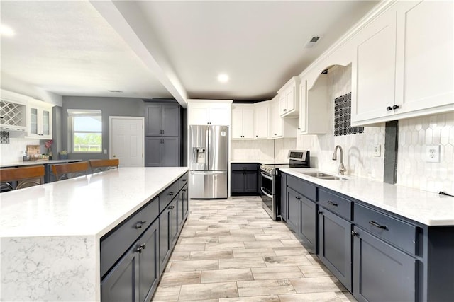 kitchen featuring white cabinetry, a kitchen island, stainless steel appliances, backsplash, and sink