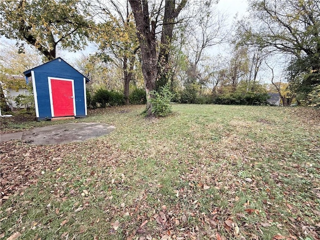 view of yard featuring a storage shed