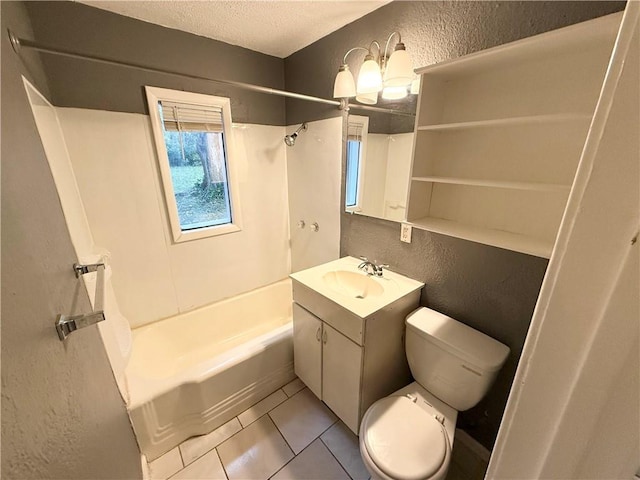 full bathroom with bathing tub / shower combination, a textured ceiling, vanity, tile patterned floors, and toilet