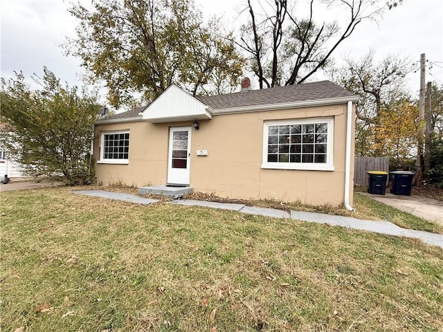 6133 Walrond Ave, Kansas City, MO 64130 - view of front of home featuring fence, roof with shingles, stucco siding, a chimney, and a front lawn