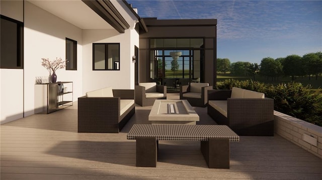 wooden terrace with an outdoor hangout area