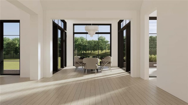 doorway with a wealth of natural light, hardwood / wood-style floors, and a chandelier