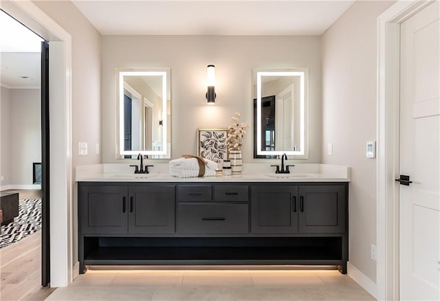 bathroom with vanity and wood-type flooring