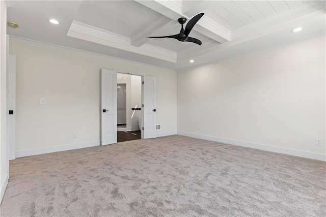 unfurnished bedroom featuring beamed ceiling, ornamental molding, ceiling fan, and carpet flooring