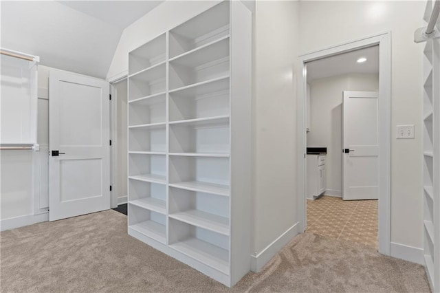 walk in closet with light carpet and lofted ceiling