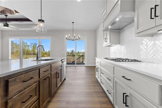 kitchen with custom exhaust hood, white cabinetry, sink, and appliances with stainless steel finishes