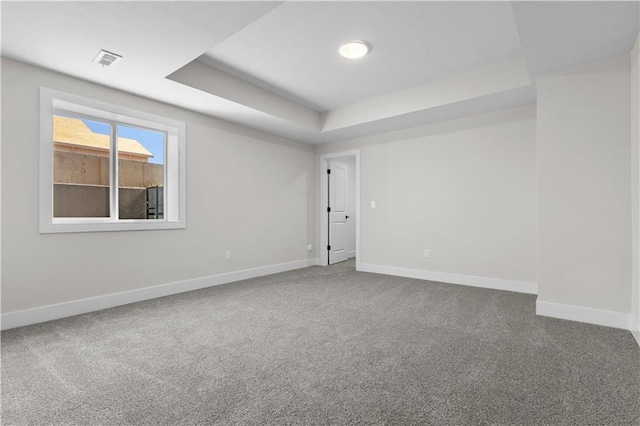 empty room featuring carpet floors and a raised ceiling