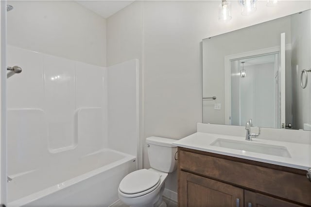 full bathroom with vanity, bathing tub / shower combination, and toilet