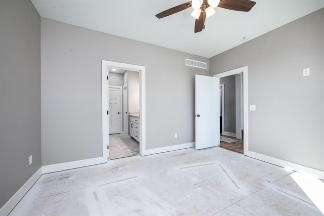 unfurnished bedroom with connected bathroom and ceiling fan