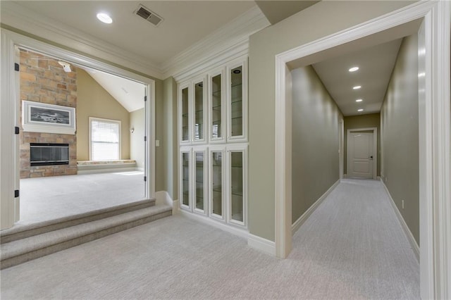 corridor featuring carpet, visible vents, baseboards, and recessed lighting