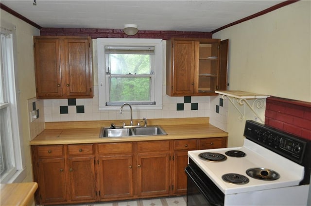 kitchen with backsplash, sink, crown molding, and range