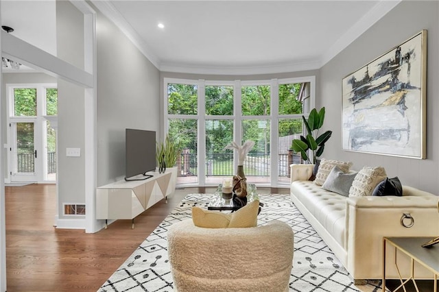 living room with plenty of natural light, wood-type flooring, and crown molding