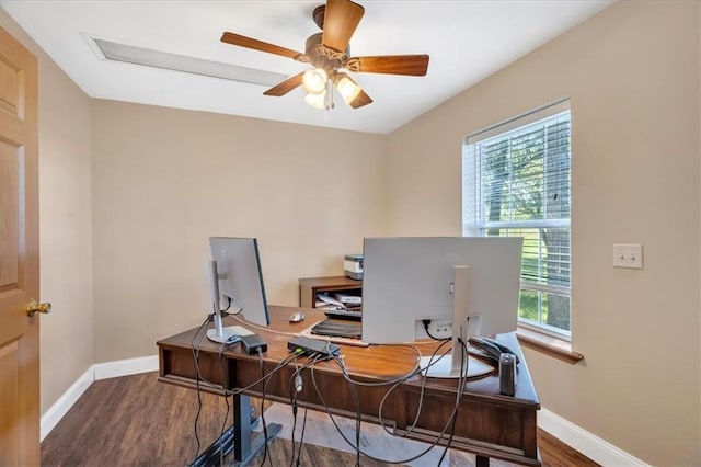 office featuring dark hardwood / wood-style flooring and ceiling fan