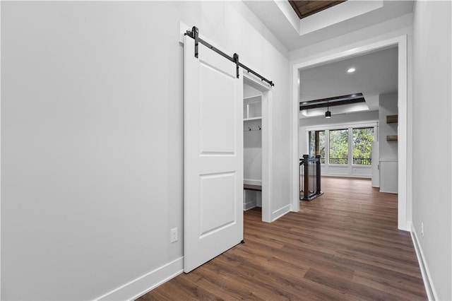 corridor with a barn door and dark wood-type flooring