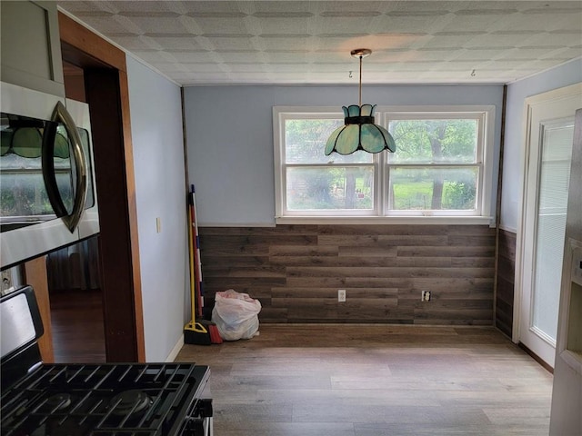 interior space with hardwood / wood-style flooring, stove, plenty of natural light, and pendant lighting