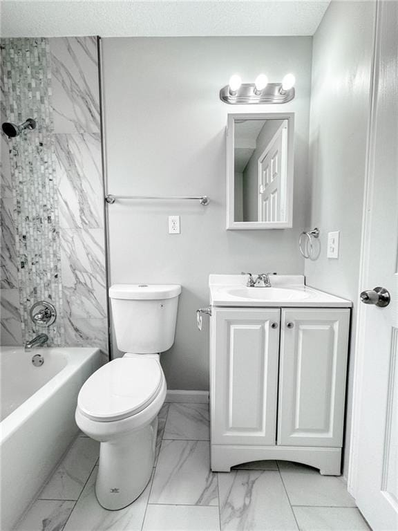 full bathroom with toilet, marble finish floor, baseboards, and vanity