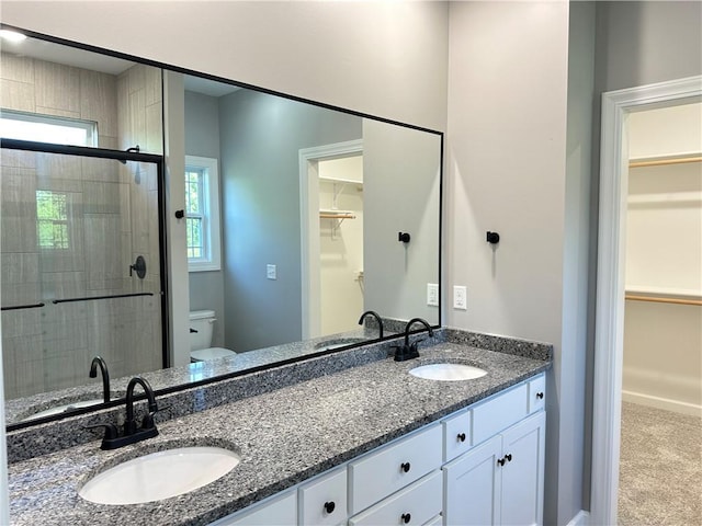 full bathroom featuring toilet, a shower stall, double vanity, and a sink