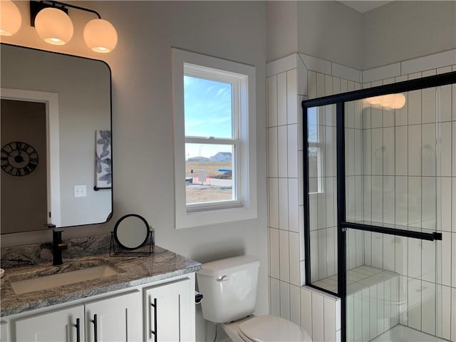 bathroom with vanity, toilet, and walk in shower