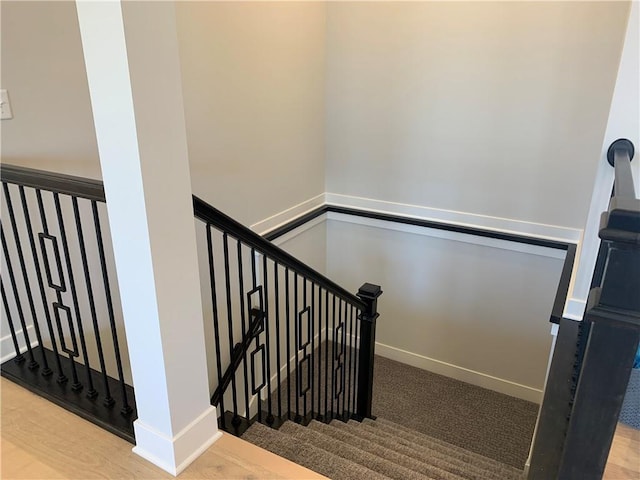 staircase featuring carpet