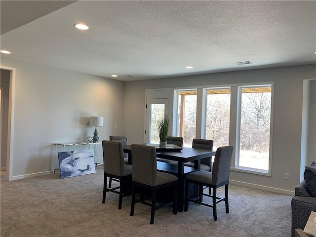 carpeted dining space featuring a textured ceiling