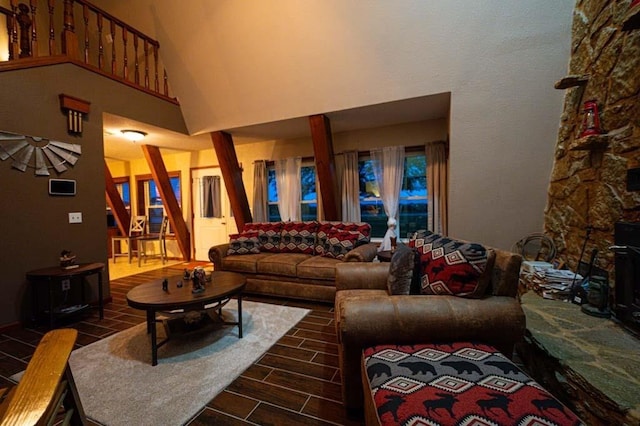 living room with a towering ceiling