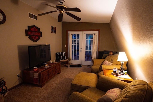 living room with carpet flooring, ceiling fan, and french doors