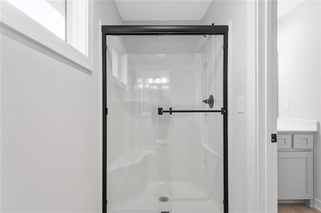 bathroom with vanity and a shower with door