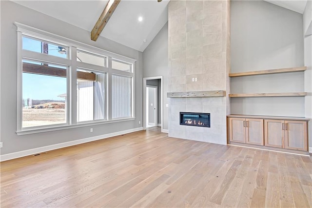 22047 W 94th St, Lenexa, KS 66220 - unfurnished living room featuring high vaulted ceiling, light wood-style floors, a fireplace, beam ceiling, and recessed lighting