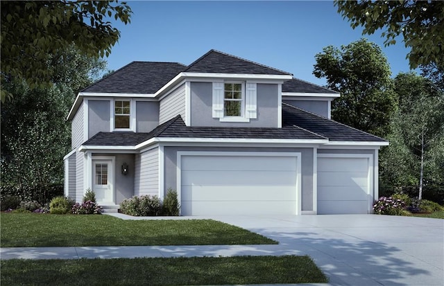 front facade with a garage and a front lawn