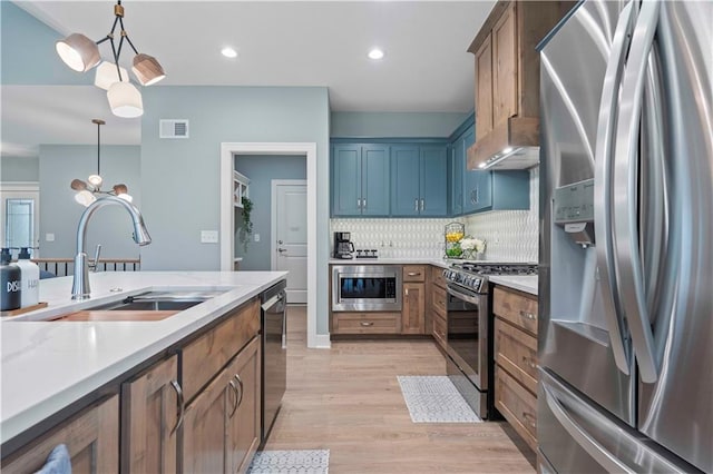 kitchen with decorative light fixtures, sink, backsplash, stainless steel appliances, and an inviting chandelier