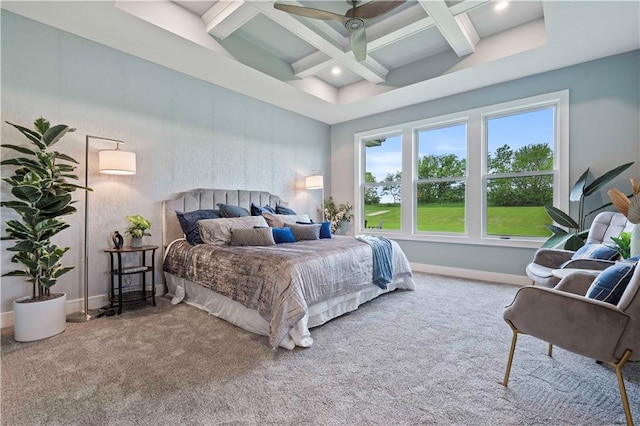 carpeted bedroom featuring beamed ceiling, coffered ceiling, and ceiling fan