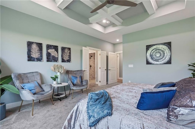 bedroom with coffered ceiling, ceiling fan, beam ceiling, carpet, and a high ceiling