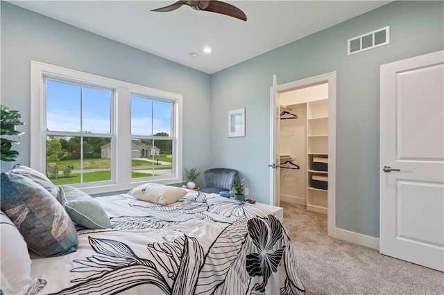 carpeted bedroom with a walk in closet, a closet, and ceiling fan