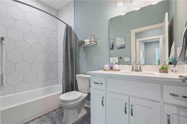 full bathroom featuring vanity, shower / bathtub combination with curtain, and toilet