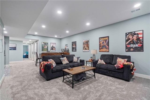 living room featuring light colored carpet