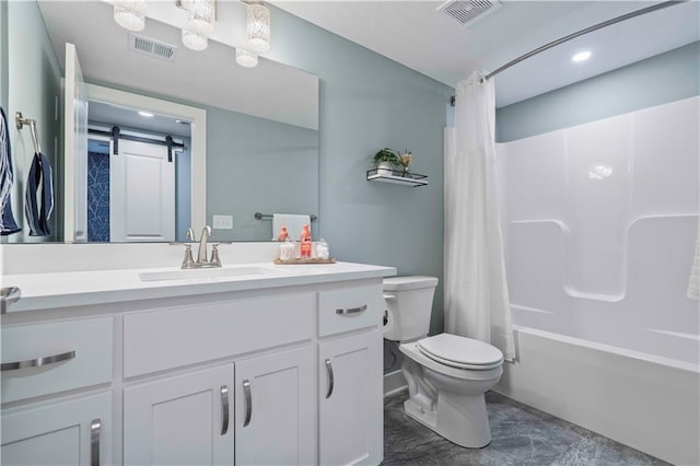 full bathroom featuring vanity, shower / tub combo, and toilet