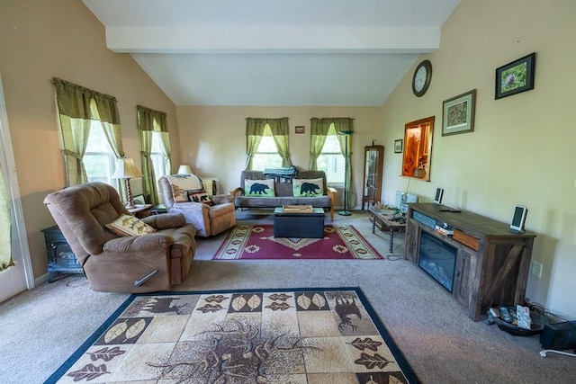 carpeted living room featuring vaulted ceiling with beams