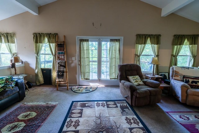 carpeted living room featuring beamed ceiling, high vaulted ceiling, and a wealth of natural light