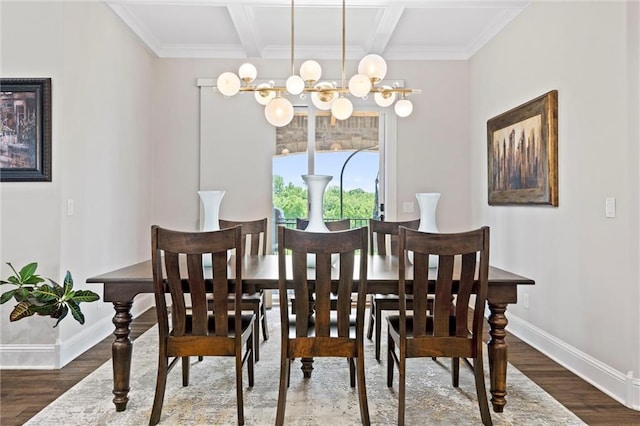 dining space with coffered ceiling, crown molding, dark hardwood / wood-style floors, beamed ceiling, and a notable chandelier