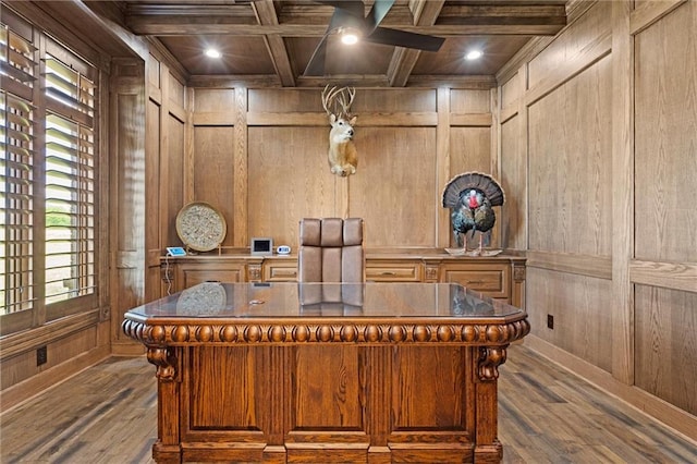 home office featuring wood walls, beamed ceiling, dark wood-type flooring, and coffered ceiling