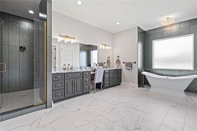 bathroom featuring plus walk in shower, vanity, tile walls, and ornamental molding