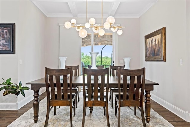 dining space with dark wood-style flooring, coffered ceiling, beamed ceiling, and baseboards