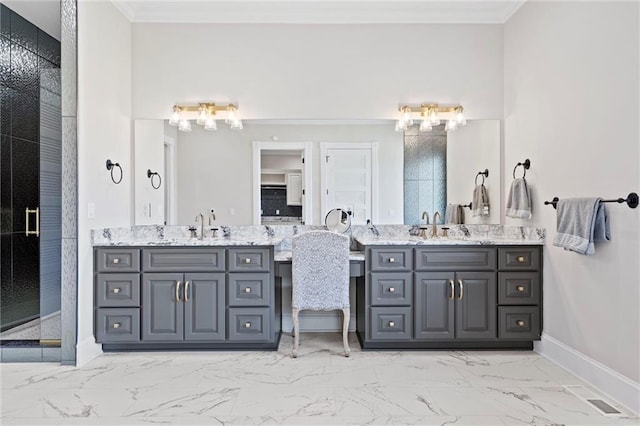 bathroom with a sink, marble finish floor, two vanities, and crown molding