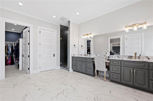 bathroom with recessed lighting, two vanities, a sink, ornamental molding, and a closet