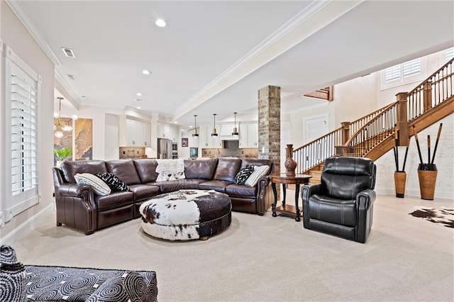 living room featuring crown molding, decorative columns, recessed lighting, visible vents, and stairway