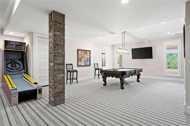 recreation room with light colored carpet, pool table, baseboards, and recessed lighting