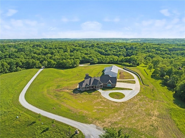 birds eye view of property featuring a wooded view