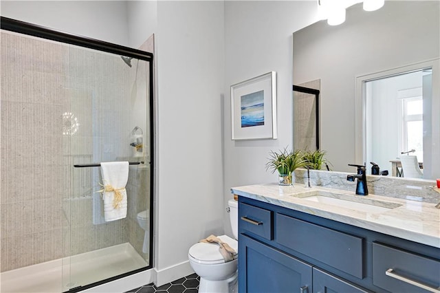 24932 W 98th Pl, Lenexa, KS 66227 - bathroom featuring toilet, a stall shower, vanity, and tile patterned flooring